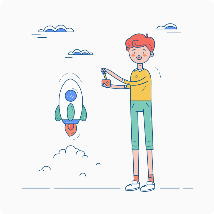 Boy launching a rocket illustration